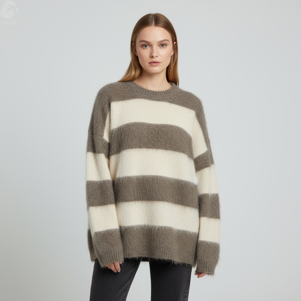 Женский свитер пушистой вязки в серую и кремовую полоску (оверсайз, пушистая текстура)