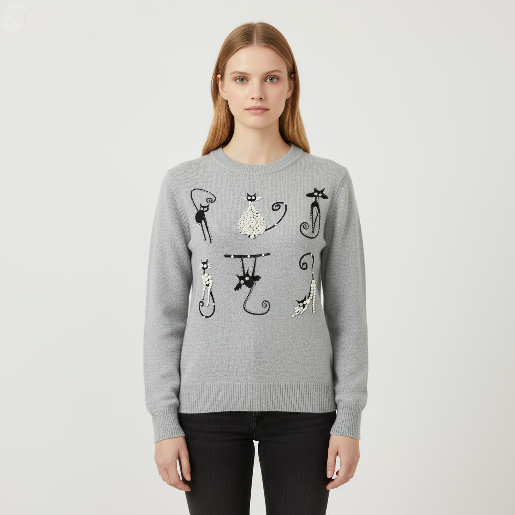 Женский вязаный свитер с изображением серого кота Вереска (круглый вырез, игривый узор из бисера)