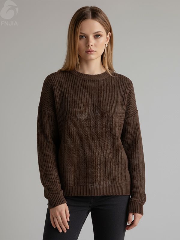 Женский свитер шоколадно-коричневой вафельной вязки (круглый вырез, свободный крой)