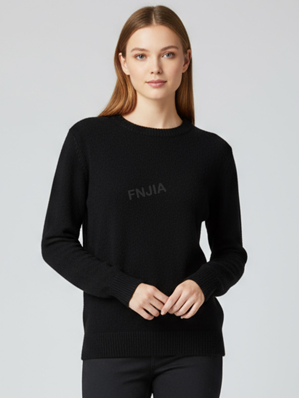 Женский черный вязаный свитер с круглым вырезом горловины (свободный крой, классический однотонный дизайн)