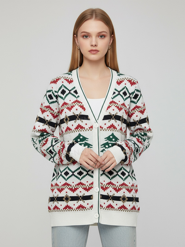 Женский вязаный кардиган Christmas Fair Isle с рисунком дерева (красный и зеленый)