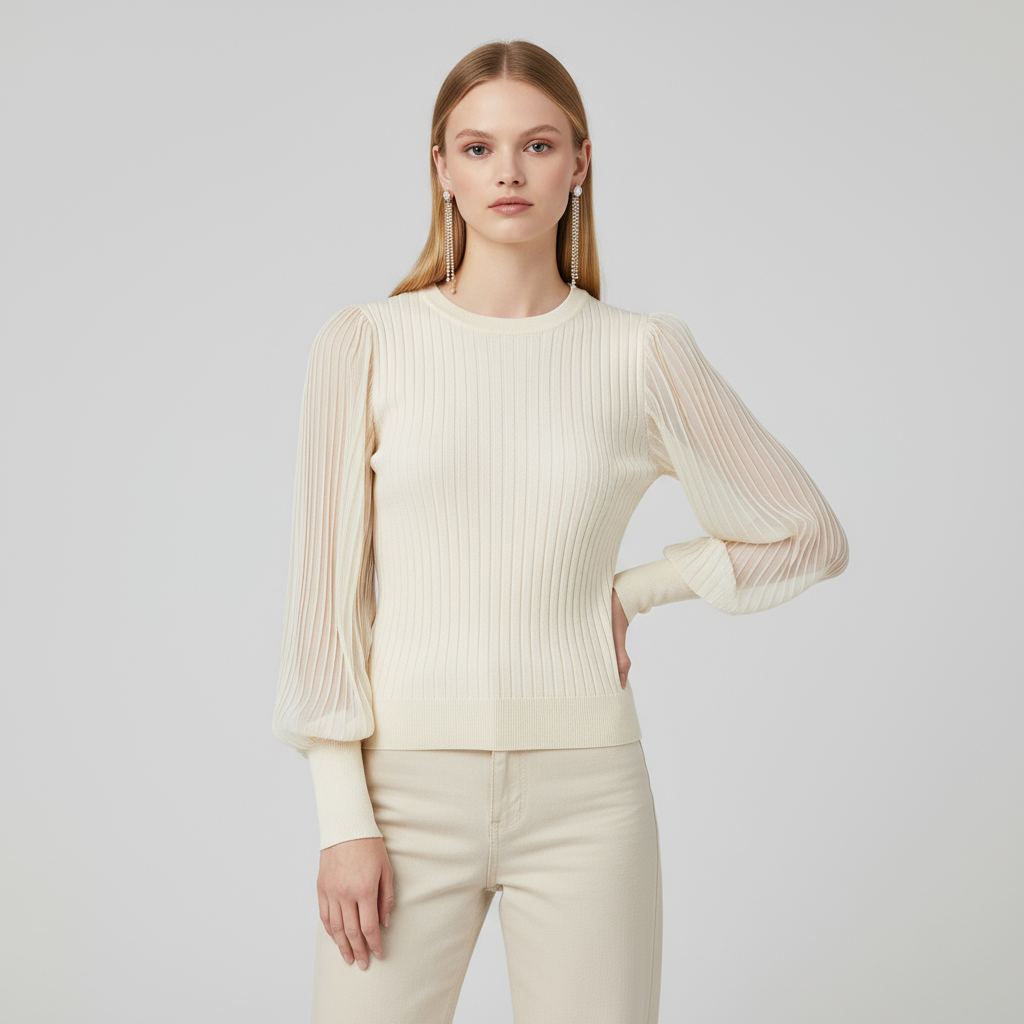 Женский вязаный свитер кремового цвета в прозрачную полоску (круглый вырез горловины, пышные рукава)