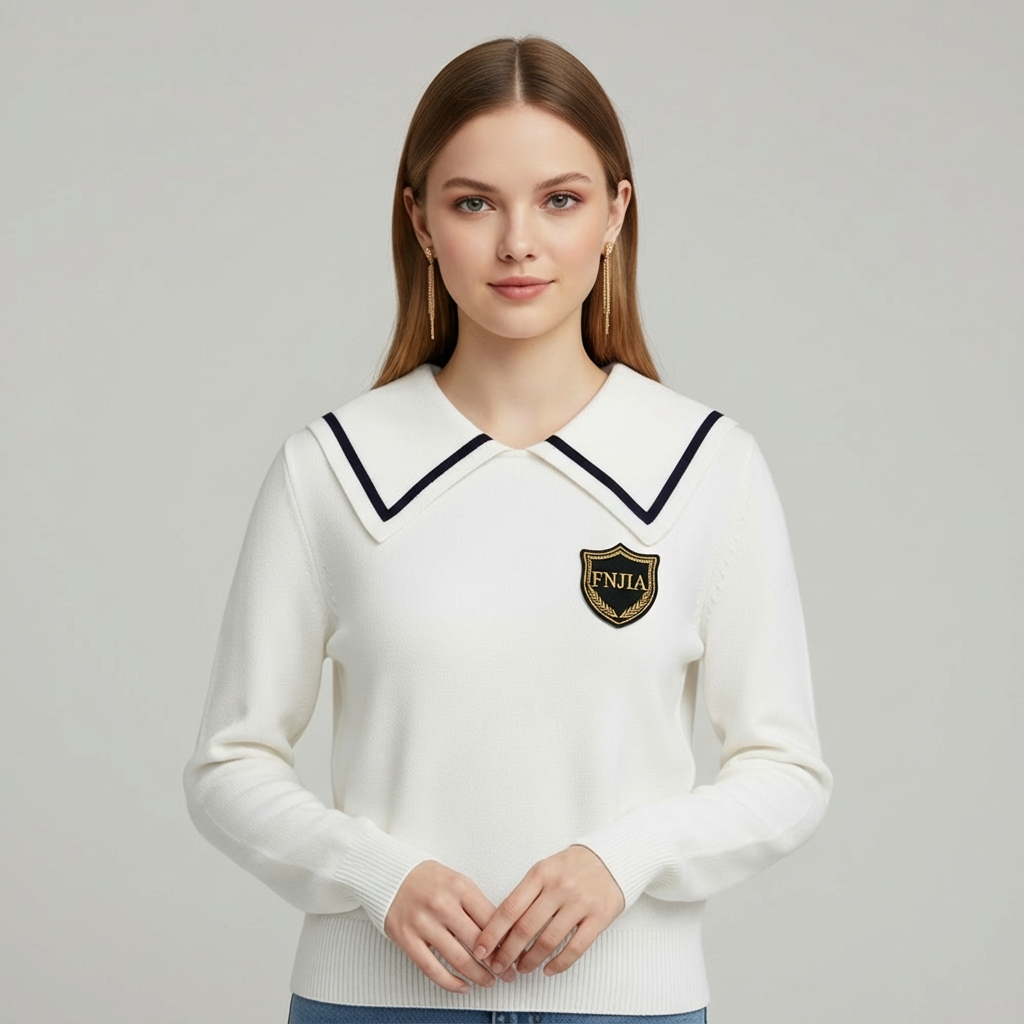 Женский вязаный свитер с белым матросским воротником и контрастной отделкой и эмблемой