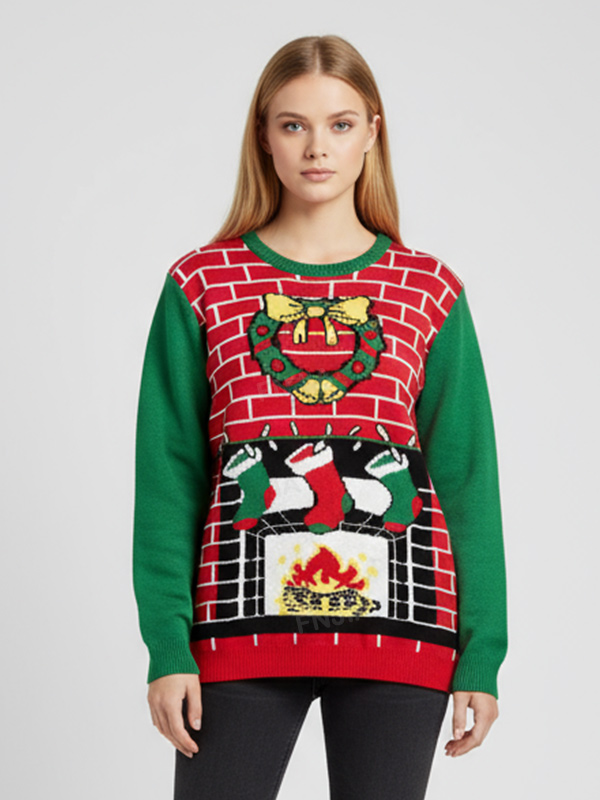 Женский вязаный свитер с рождественским принтом в виде камина и чулок (красный и зеленый)