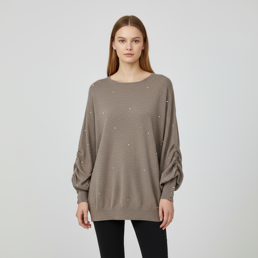 Женская вязаная туника темно-серого цвета (оверсайз, жемчужные украшения и пышные рукава)