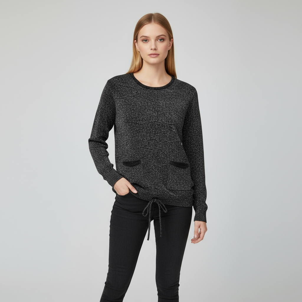 Женский вязаный свитер черного цвета с блестками (круглый вырез, накладные карманы и низ на завязках)