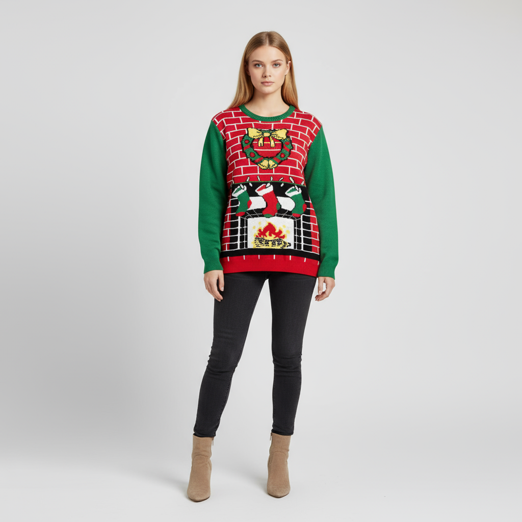 Женский вязаный свитер с рождественским принтом в виде камина и чулок (красный и зеленый)