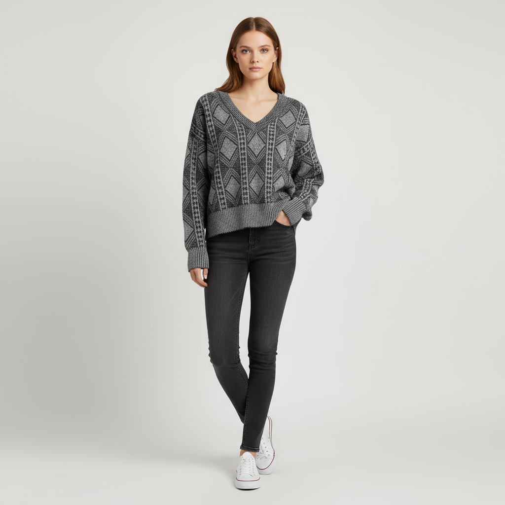Женский укороченный вязаный свитер с V-образным вырезом и серо-черными ромбами