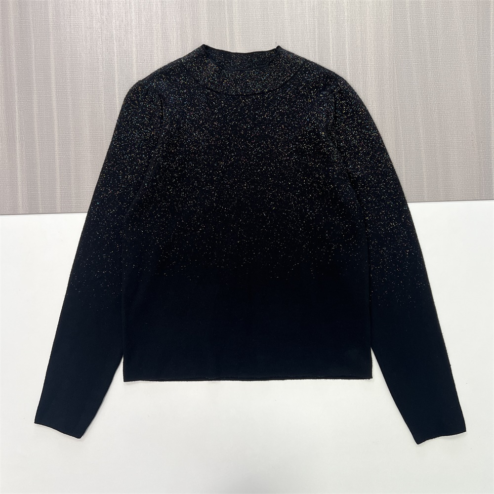 Женский вязаный свитер с блестками в стиле омбре черного и золотого цветов (имитация шеи, приталенный крой, длинный рукав)