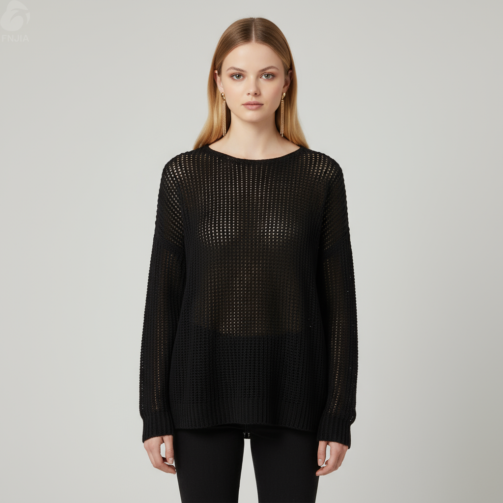Женский черный ажурный свитер вязаный в рубчик (вырез лодочкой, приталенный крой)