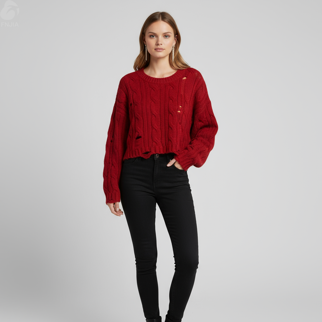Женский свитер бордовой вязки с потертостями (укороченный крой, рваные детали)
