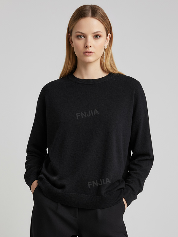 Женский вязаный свитер темно-синего цвета с круглым вырезом горловины (свободный крой, классический однотонный дизайн)