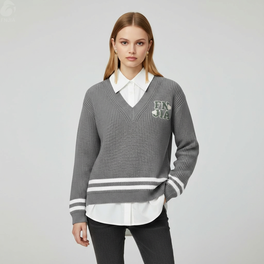 Женский серый многослойный свитер-рубашка из трикотажа в рубчик с воротником-стойкой и фирменной вышивкой