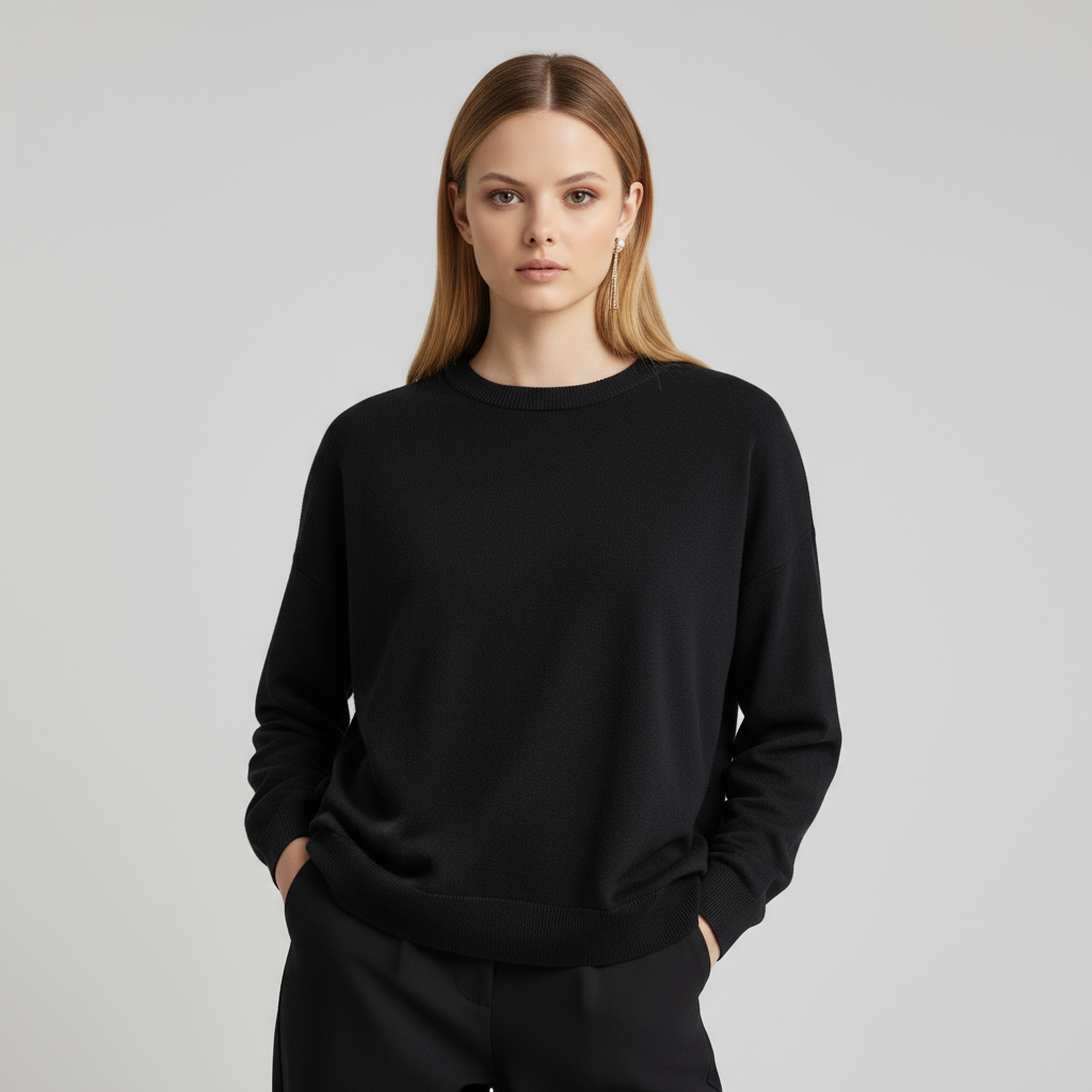 Женский вязаный свитер темно-синего цвета с круглым вырезом горловины (свободный крой, классический однотонный дизайн)