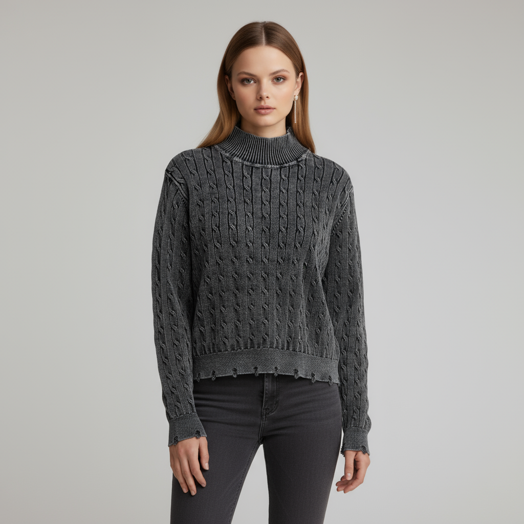 Женский укороченный свитер-водолазка из плотной вязки цвета древесного угля с высоким воротом