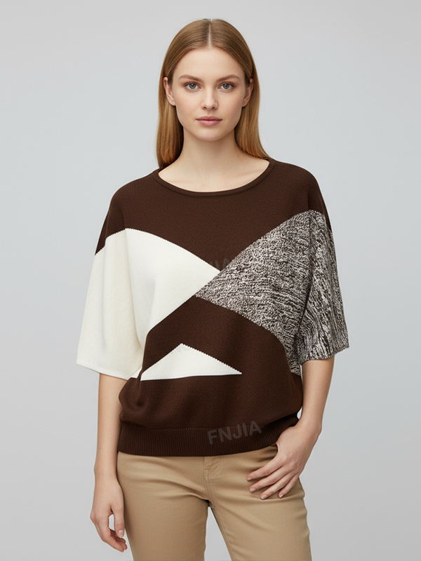 Женский вязаный топ коричневого и белого цветов с геометрическими узорами (короткий рукав)