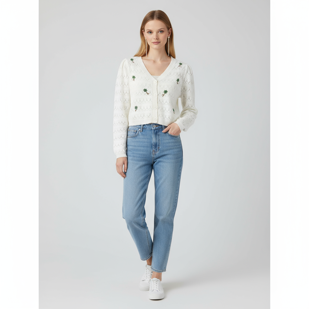 Женский белый кардиган ажурной вязки с мини-цветочной вышивкой (укороченный крой)