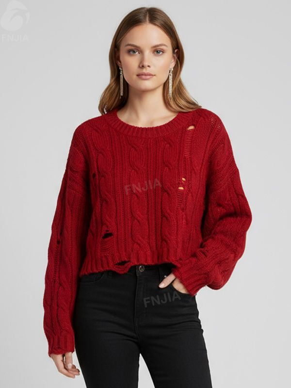 Женский свитер бордовой вязки с потертостями (укороченный крой, рваные детали)