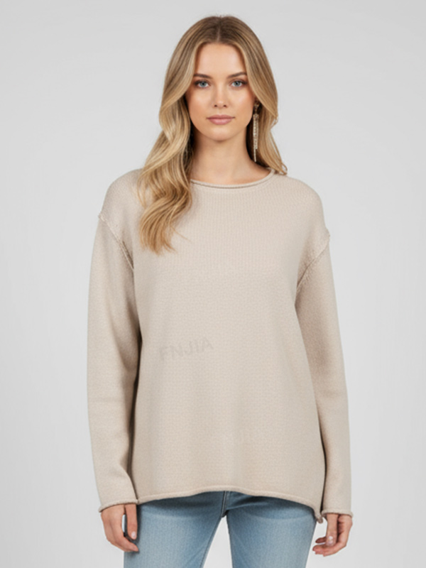Женский бежевый свитер с круглым вырезом из трикотажа в рубчик (свободного кроя)