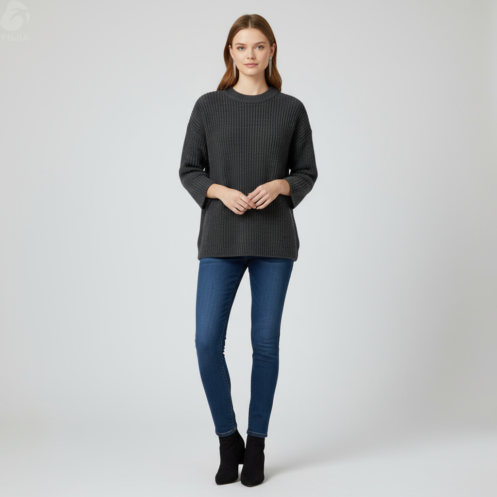 Женский свитер угольной вязки в рубчик (круглый вырез горловины, объемный рукав 3/4)