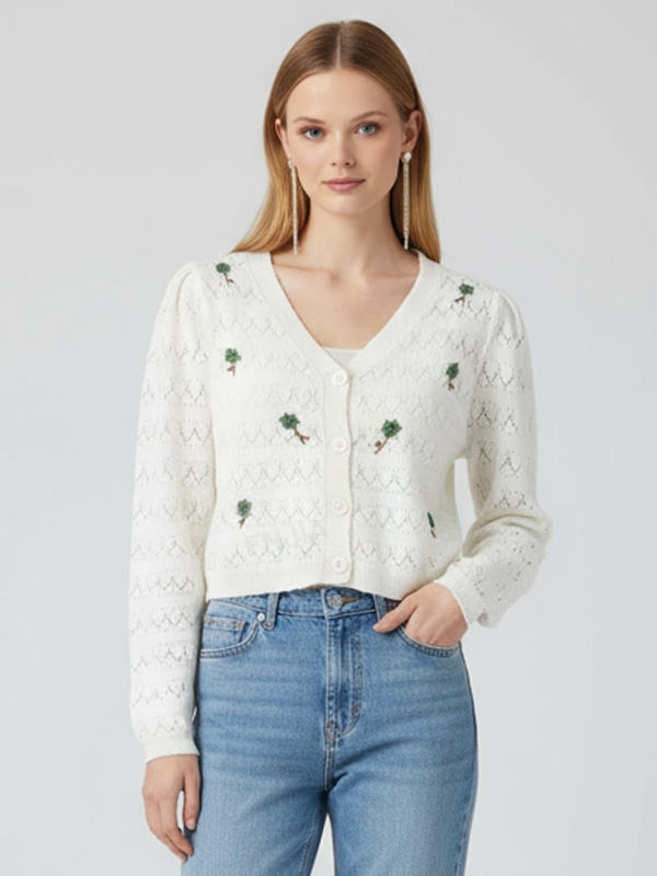 Женский белый кардиган ажурной вязки с мини-цветочной вышивкой (укороченный крой)