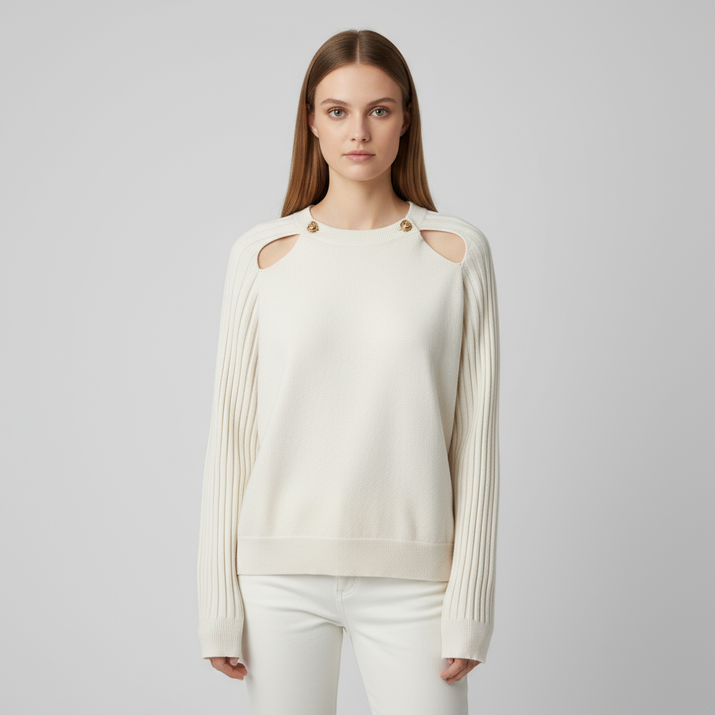 Женский вязаный свитер цвета слоновой кости (круглый вырез, вырезы на плечах с металлическими вставками)