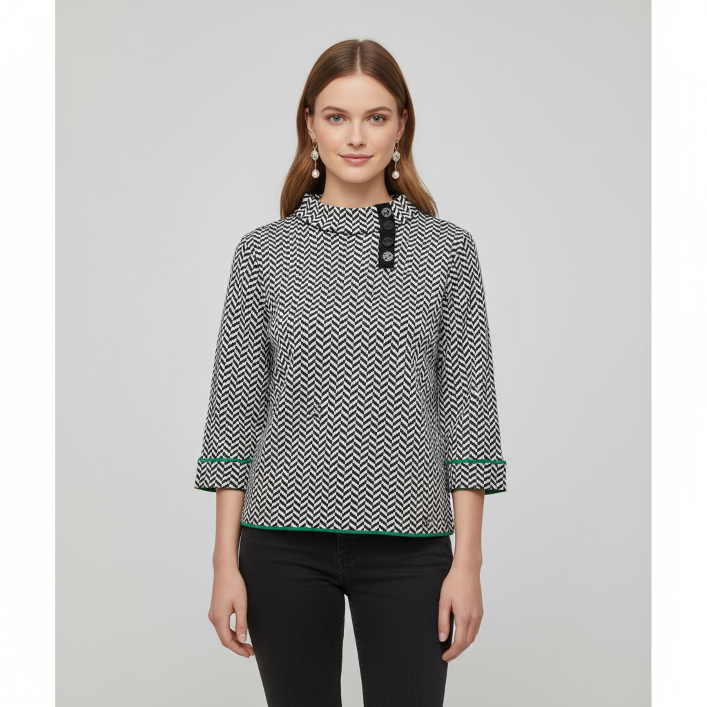 Женский черно-белый вязаный топ в елочку (воротник-стойка, рукав 3/4 с зеленой отделкой)