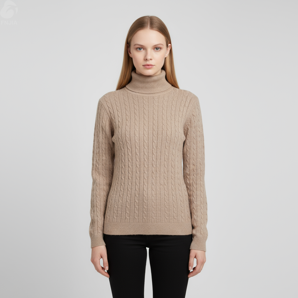 Женский свитер верблюжьей вязки с высоким воротом (приталенный крой, замысловатая текстура)