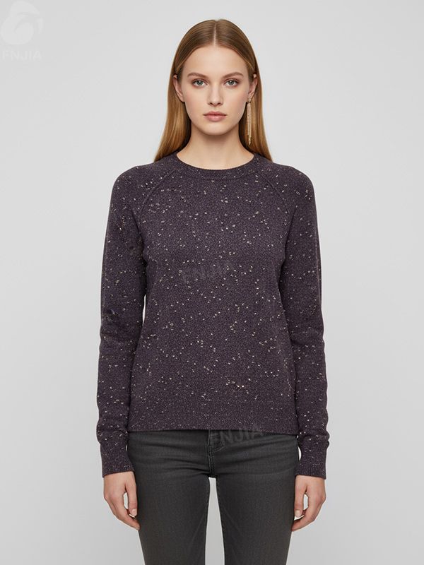 Женский вязаный свитер сливового цвета в крапинку (круглый вырез горловины, рукав реглан свободного кроя)