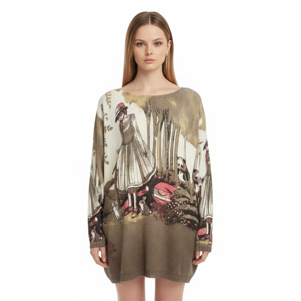 Женская вязаная туника с художественными иллюстрациями (дизайн в стиле фэнтези)
