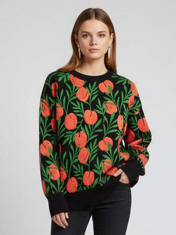 Женский вязаный свитер черного цвета с цветочным узором (кораллово-зеленый ботанический узор)