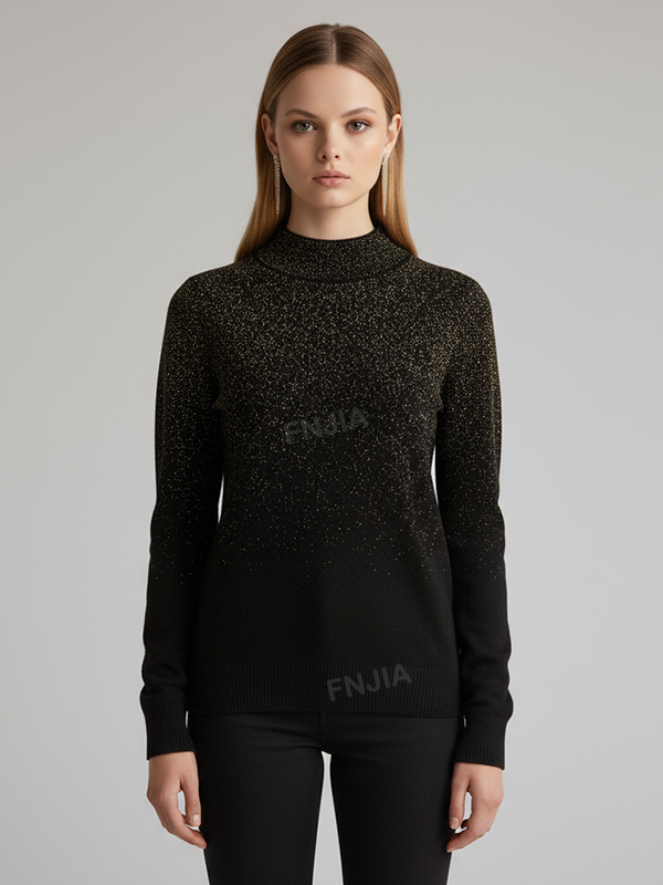 Женский вязаный свитер с блестками в стиле омбре черного и золотого цветов (имитация шеи, приталенный крой, длинный рукав)