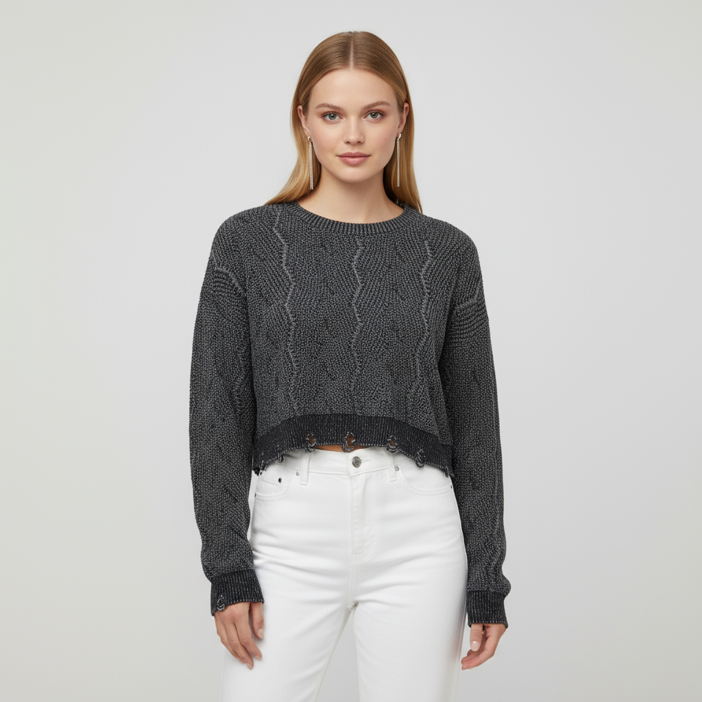 Женский укороченный свитер угольной вязки с завязками по низу