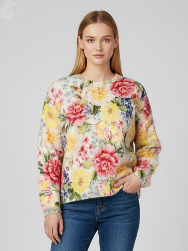 Женский вязаный топ из флиса с цветочным принтом и длинными рукавами (яркий узор в виде пионов)