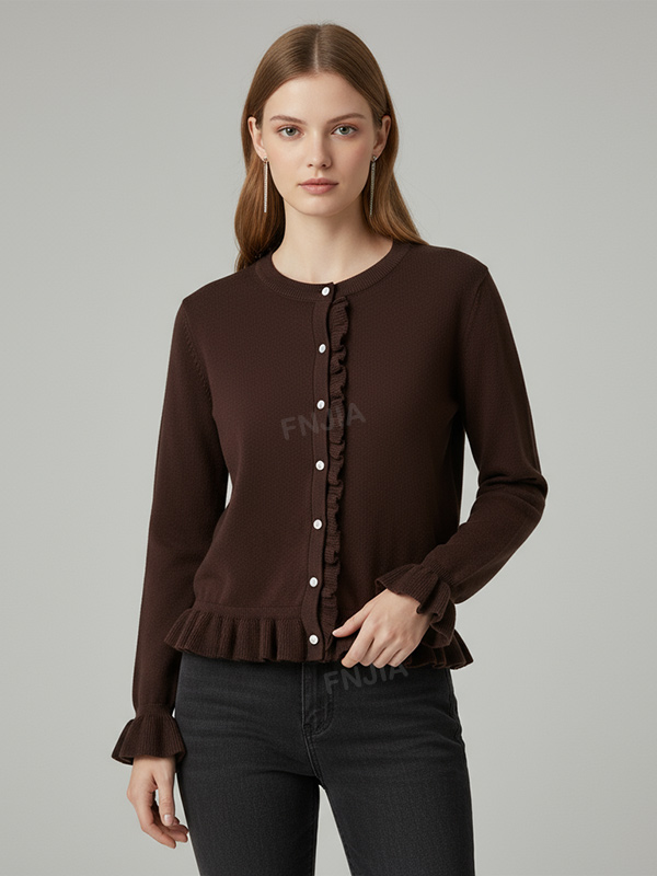 Женский бордовый вязаный кардиган с оборками (круглый вырез горловины, пуговицы спереди и низ/рукава с оборками)