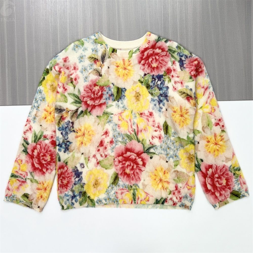 Женский вязаный топ из флиса с цветочным принтом и длинными рукавами (яркий узор в виде пионов)