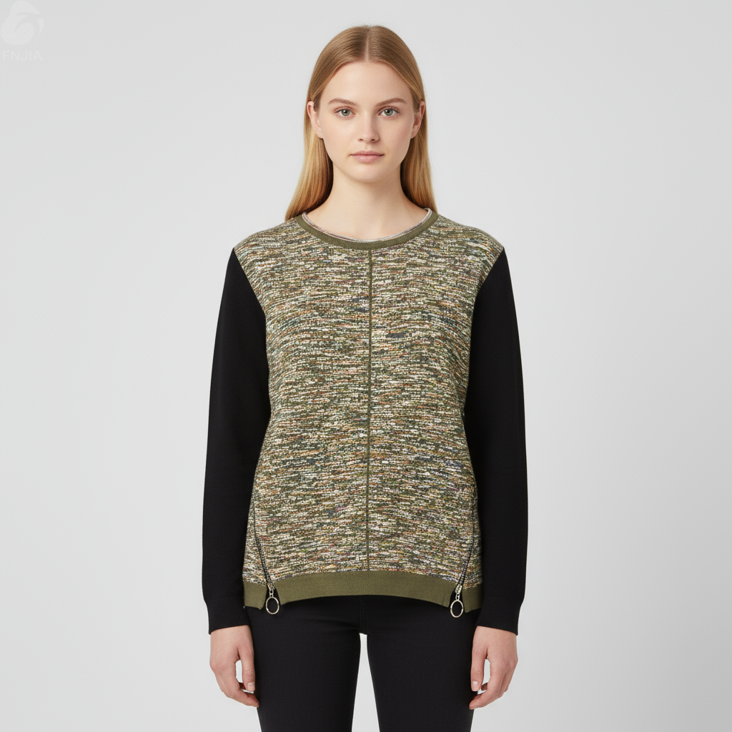 Женский вязаный топ из многоцветного твида (черная вставка на рукаве, застежка-молния)