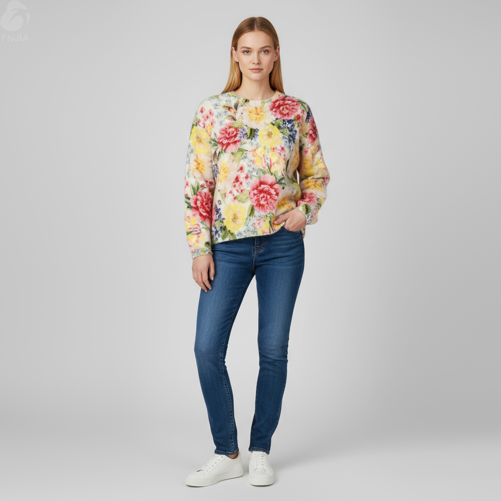 Женский вязаный топ из флиса с цветочным принтом и длинными рукавами (яркий узор в виде пионов)