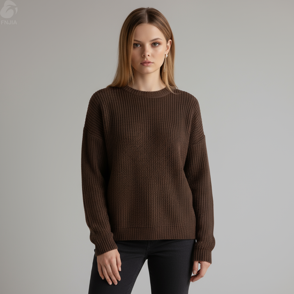 Женский свитер шоколадно-коричневой вафельной вязки (круглый вырез, свободный крой)