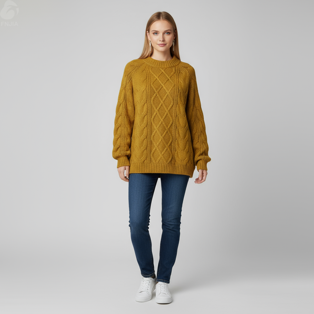 Женский свитер горчичной вязки (ромбовидный узор, свободный крой)