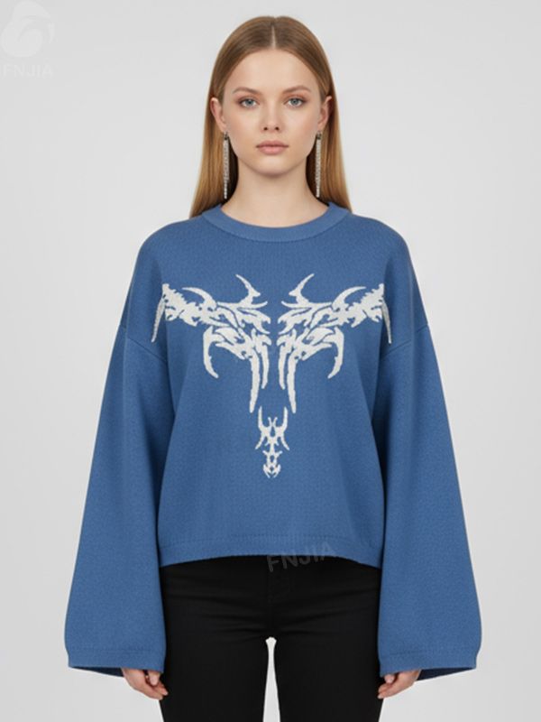 Женский вязаный свитер королевского синего цвета с рисунком (расклешенный рукав-оверсайз, укороченный крой)