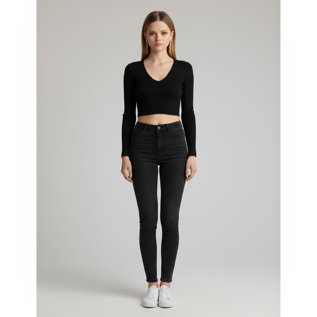 Женский черный укороченный свитер из трикотажа в рубчик с V-образным вырезом (приталенный с длинным рукавом)