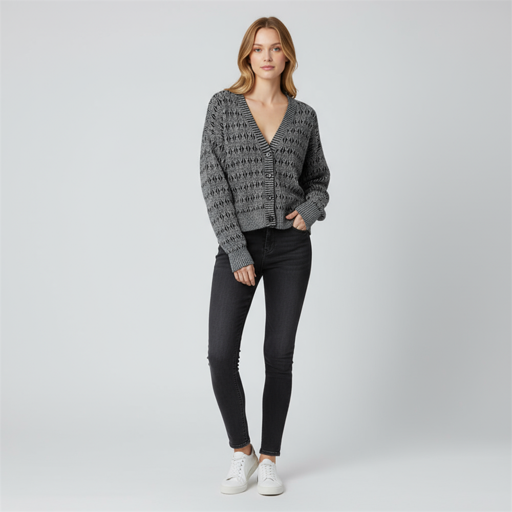 Женский серо-черный вязаный кардиган с геометрическим рисунком (укороченный крой)