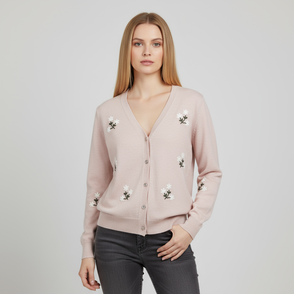 Женский вязаный кардиган розового цвета с белой цветочной вышивкой