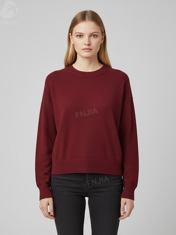 Женский бордовый укороченный вязаный свитер (круглый вырез, минималистичный дизайн)