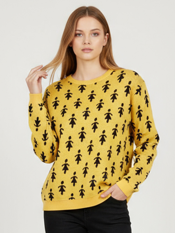 Женский вязаный свитер горчичного и черного цветов с фигурным принтом (круглый вырез, свободный крой оверсайз)