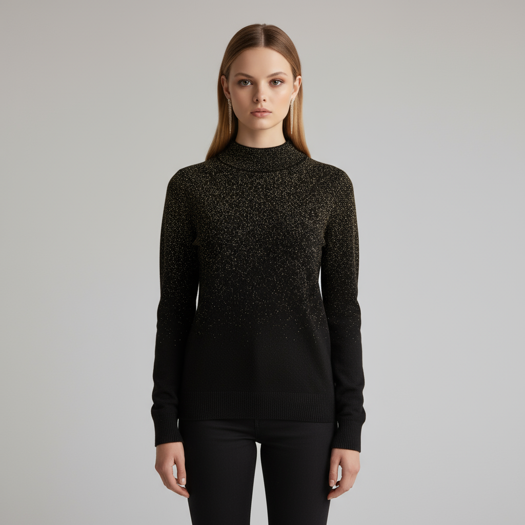 Женский вязаный свитер с блестками в стиле омбре черного и золотого цветов (имитация шеи, приталенный крой, длинный рукав)