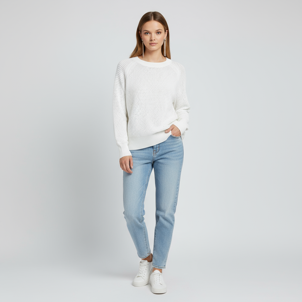 Женский белый свитер ажурной вязки с круглым вырезом горловины (текстурированный сетчатый узор)