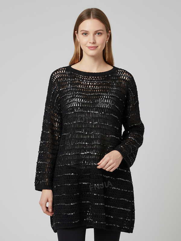 Женская черная вязаная туника в полоску с блестками (прозрачная ажурная ткань, круглый вырез горловины и рукав 3/4)