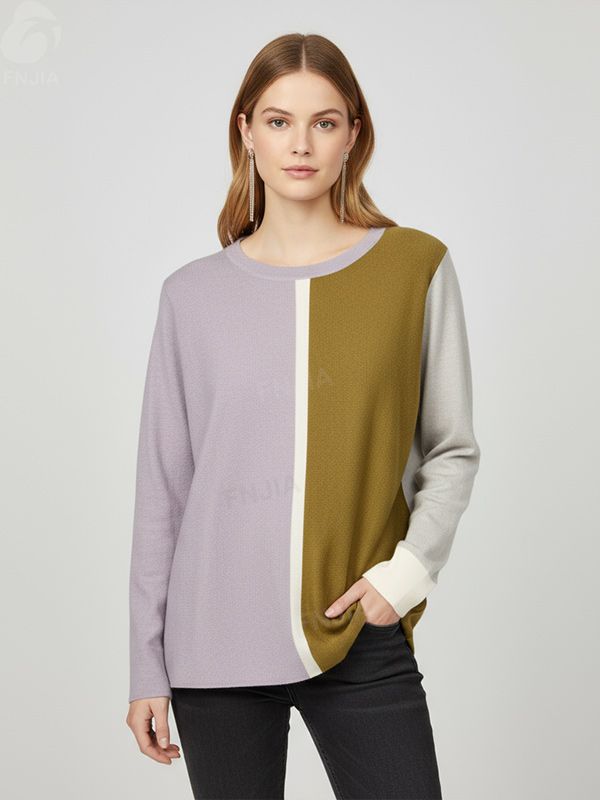 Женский вязаный свитер с цветными вставками (лавандовые, оливковые и серые вставки)